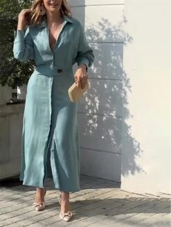 Women's Shirt Dress Casual Dress Sheath Dress Maxi Long Dress Outdoor Office Daily Polyester Fashion Modern Shirt Collar Button Long Sleeve Summer Spring Fall 2023 Loose Fit White Pink Blue Plain S M -HANA Luxury Wear Shop sflplc1683716778750