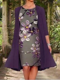 Women's Two Piece Dress Casual Dress Dress Set Shift Dress Knee Length Dress Navy Blue Blue Lavender Long Sleeve Layered Fall Autumn Crew Neck Elegant Fall Dress 2023 M L XL XXL XXXL 4XL 5XL -HANA Luxury Wear Shop sfwahx1629113664534