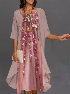 Women's Two Piece Dress Set Casual Dress Print Dress Outdoor Daily Fashion Elegant Print Midi Dress Crew Neck 3/4 Length Sleeve Floral Loose Fit Pink Navy Blue Royal Blue Summer Spring S M L XL XXL -HANA Luxury Wear Shop sfwqat1689230896251