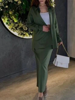 Women's Two Piece Dress Set Casual Dress Skirt Set Outdoor Daily Fashion Streetwear Button Pocket Long Dress Maxi Dress Shirt Collar Long Sleeve Plain Loose Fit Brown Green Beige Fall Winter S M L XL -HANA Luxury Wear Shop sgqayh1693534949423