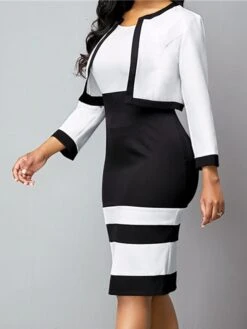 Women's Dress Set Two Piece Dress Sheath Dress Knee Length Dress Black Long Sleeve Striped Print Fall Winter Autumn Crew Neck Stylish Winter Dress Fall Dress 2023 S M L XL XXL 3XL 4XL 5XL -HANA Luxury Wear Shop sgqlyl1639992408654