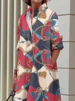Women's Shirt Dress Casual Dress Midi Dress Office Daily Vacation Polyester Fashion Elegant Shirt Collar Print Long Sleeve Fall Winter 2023 Regular Fit Rose Red Geometric S M L XL 2XL -HANA Luxury Wear Shop shccrr1691488608248