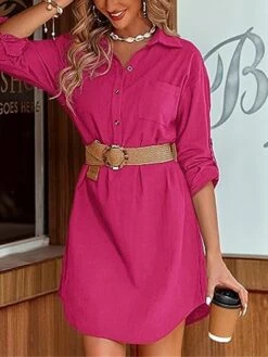 Women's Shirt Dress Casual Dress Mini Dress Outdoor Daily Cotton Linen Basic Classic Shirt Collar Button Pocket Long Sleeve Summer Spring Fall 2023 Loose Fit Black White Pink Pure Color S M L XL 2XL -HANA Luxury Wear Shop shdhpp1691465489806