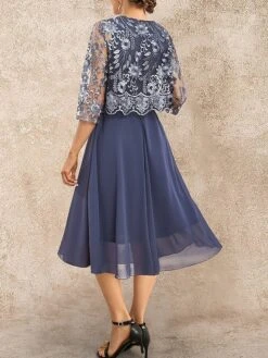 Women's Plus Size Two Piece Dress Set Party Dress Lace Dress Party Wedding Guest Fashion Elegant Lace Patchwork Midi Dress Crew Neck 3/4 Length Sleeve Plain Regular Fit Navy Blue Fall Winter L XL XXL -HANA Luxury Wear Shop shhosb1696645464638