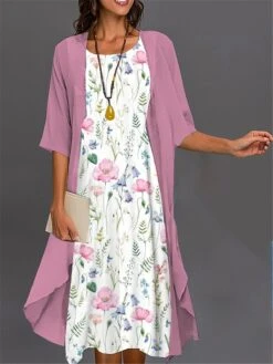 Women's Two Piece Dress Set Casual Dress Print Dress Outdoor Daily Fashion Elegant Print Midi Dress Crew Neck 3/4 Length Sleeve Floral Ombre Loose Fit Pink Dark Pink Blue Summer Spring S M L XL XXL -HANA Luxury Wear Shop shjrbt1688725807934