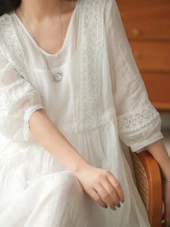 Women's Casual Dress Cotton Linen Dress Swing Dress Midi Dress Cotton Blend Basic Casual Outdoor Daily V Neck Ruched 3/4 Length Sleeve Summer Spring 2023 Loose Fit Black White Yellow Pure Color M L -HANA Luxury Wear Shop shlmci1677135412890