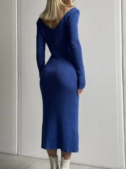 Women's Sweater Dress Jumper Dress Casual Dress Midi Dress Fashion Pure Color Outdoor Vacation Going Out V Neck Long Sleeve 2023 Regular Fit Black Pink Blue S M L -HANA Luxury Wear Shop shzbzr1697538589149