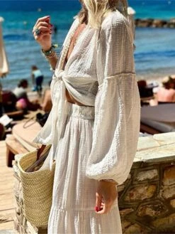 Women's Two Piece Dress Set Casual Dress Skirt Set Daily Holiday Streetwear Casual Ruched Long Dress Maxi Dress V Neck Long Sleeve Plain Regular Fit White Spring Fall S M L XL -HANA Luxury Wear Shop sicwxd1689325682219