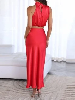 Women's Two Piece Dress Set Casual Dress Skirt Set Daily Holiday Fashion Sexy Ruched Long Dress Maxi Dress Stand Collar Sleeveless Plain Regular Fit Black White Light Green Summer Spring S M L XL -HANA Luxury Wear Shop sirzln1690857200848