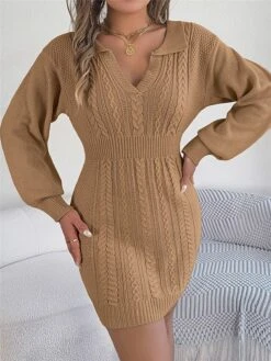 Women's Sweater Dress Winter Dress Jumper Dress Mini Dress Warm Pure Color Outdoor Casual Holiday Vacation V Neck Long Sleeve 2023 Regular Fit Pink Burgundy Green S M L -HANA Luxury Wear Shop sjdlnb1696926495173