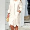 Women's Shirt Dress Casual Dress Shift Dress Midi Dress Outdoor Office Business Polyester Basic Modern Shirt Collar Button Pocket 3/4 Length Sleeve Summer Spring Fall 2023 Loose Fit White Plain S M L -HANA Luxury Wear Shop sjnojj1683540644939