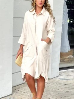 Women's Shirt Dress Casual Dress Shift Dress Midi Dress Outdoor Office Business Polyester Basic Modern Shirt Collar Button Pocket 3/4 Length Sleeve Summer Spring Fall 2023 Loose Fit White Plain S M L