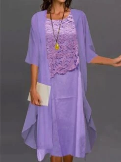 Women's Dress Set Two Piece Dress Shift Dress Midi Dress Light Blue Light Grey Half Sleeve Pure Color Lace Summer Spring Crew Neck Elegant Wedding Guest Loose Fit 2023 S M L XL XXL 3XL -HANA Luxury Wear Shop sjydww1650339346981