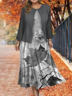 Women's Plus Size Two Piece Dress Set Casual Dress Swing Dress Outdoor Office Fashion Streetwear Print Midi Dress Crew Neck Long Sleeve Leaf Regular Fit Blue Brown Khaki Fall Winter L XL XXL 3XL 4XL -HANA Luxury Wear Shop sklahf1697785071070