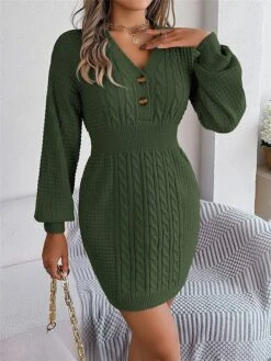 Women's Sweater Dress Winter Dress Jumper Dress Mini Dress Active Pure Color Outdoor Casual Holiday Vacation V Neck Long Sleeve Button 2023 Regular Fit White Pink Green S M L -HANA Luxury Wear Shop skrcsp1696926539449