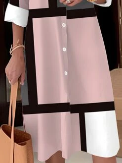 Women's Shirt Dress Casual Dress Midi Dress Outdoor Office Daily Polyester Fashion Modern Shirt Collar Button Pocket Long Sleeve Fall Winter 2023 Loose Fit Pink Sky Blue Orange Geometric Plaid S M L -HANA Luxury Wear Shop sllmqh1693889758982