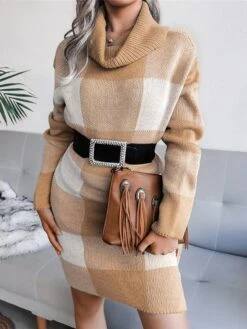 Women‘s Christmas Sweater Dress Winter Dress Sheath Dress Blue Wine Khaki Gray Long Sleeve Plaid Color Block Patchwork Winter Fall Turtleneck Casual S M L -HANA Luxury Wear Shop slnine1634118523000
