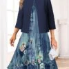 Women's Two Piece Dress Set Casual Dress Swing Dress Outdoor Office Fashion Streetwear Print Midi Dress Crew Neck 3/4 Length Sleeve Floral Regular Fit Blue Green Spring Fall S M L XL XXL -HANA Luxury Wear Shop slzqqs1691999534664