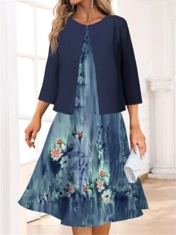 Women's Two Piece Dress Set Casual Dress Swing Dress Outdoor Office Fashion Streetwear Print Midi Dress Crew Neck 3/4 Length Sleeve Floral Regular Fit Blue Green Spring Fall S M L XL XXL