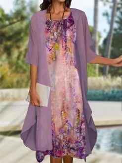 Women's Two Piece Dress Set Casual Dress Two Piece Dress Daily Holiday Fashion Modern Print Midi Dress Crew Neck Half Sleeve Floral Color Block Loose Fit Pink Blue Summer Spring S M L XL -HANA Luxury Wear Shop smgika1676358311971