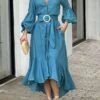 Women's Shirt Dress Casual Dress Swing Dress Maxi Long Dress Outdoor Office Daily Polyester Fashion Elegant Shirt Collar Ruffle Button 3/4 Length Sleeve Summer Spring Fall 2023 Loose Fit Blue Green -HANA Luxury Wear Shop smomrd1693306529128
