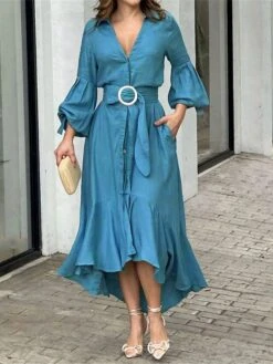 Women's Shirt Dress Casual Dress Swing Dress Maxi Long Dress Outdoor Office Daily Polyester Fashion Elegant Shirt Collar Ruffle Button 3/4 Length Sleeve Summer Spring Fall 2023 Loose Fit Blue Green