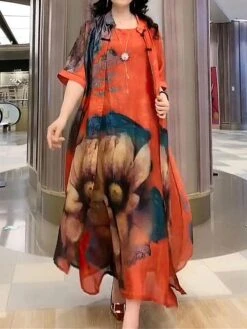 Women's Two Piece Dress Set Casual Dress Swing Dress Daily Holiday Fashion Casual Print Midi Dress Crew Neck Half Sleeve Floral Print Loose Fit Red Blue Orange Summer Spring M L XL XXL 3XL -HANA Luxury Wear Shop smscgy1691462020199