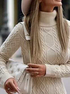 Women‘s Sweater Dress Winter Dress Casual Dress Midi Dress Beige Long Sleeve Pure Color Knit Print Winter Fall Turtleneck Casual Fall Dress 2023 S M L XL XXL -HANA Luxury Wear Shop soauvc1660559755878