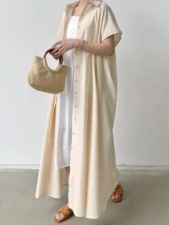 Women's Shirt Dress Casual Dress Maxi Long Dress Outdoor Daily Cotton Linen Basic Classic Shirt Collar Button Short Sleeve Summer Spring 2023 Loose Fit Navy Blue Brown Green Pure Color S M L XL XXL -HANA Luxury Wear Shop sokycn1688542120872