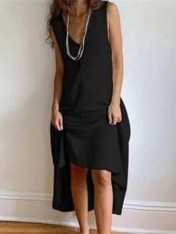 Women's Casual Dress Cotton Linen Dress Swing Dress Maxi Long Dress Cotton Blend Basic Modern Outdoor Daily Vacation V Neck Basic Sleeveless Summer Spring 2023 Regular Fit Black Wine Khaki Plain S M -HANA Luxury Wear Shop soqjgc1686030306177