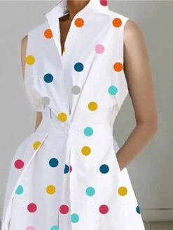 Women's Shirt Dress Casual Dress Work Dress Maxi Long Dress Outdoor Office Daily Polyester Fashion Modern Shirt Collar Button Pocket Sleeveless Summer Spring 2023 Loose Fit White Polka Dot S M L XL -HANA Luxury Wear Shop soumca1681212028526