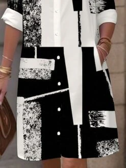 Women's Shirt Dress Casual Dress Midi Dress Outdoor Office Daily Polyester Fashion Modern Shirt Collar Button Pocket Long Sleeve Fall Winter 2023 Loose Fit Black Geometric Plaid Color Block S M L XL -HANA Luxury Wear Shop sourvw1694166484505