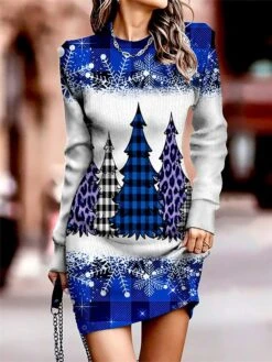 Women‘s Christmas Sweater Dress Jumper Dress Winter Dress Warm Christmas Tree Snowflake Outdoor Christmas Daily Holiday Crew Neck Long Sleeve 2023 Regular Fit Wine Blue Green S M L XL -HANA Luxury Wear Shop souzai1695624665431