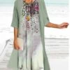 Women's Two Piece Dress Set Casual Dress Print Dress Outdoor Daily Fashion Elegant Print Midi Dress Crew Neck 3/4 Length Sleeve Floral Regular Fit Light Green Light Purple Green Summer Spring S M L -HANA Luxury Wear Shop sowzod1684477263453
