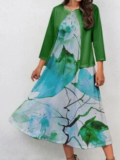 Women's Two Piece Dress Set Casual Dress Swing Dress Outdoor Office Fashion Streetwear Print Midi Dress Crew Neck 3/4 Length Sleeve Leaf Regular Fit Yellow Green Gray Fall Winter S M L XL XXL -HANA Luxury Wear Shop soyaay1697681154591