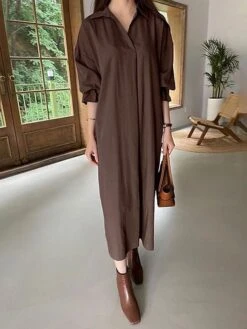 Women's Shirt Dress Casual Dress Cotton Linen Dress Maxi Long Dress Linen / Cotton Blend Basic Classic Outdoor Daily Vacation Shirt Collar Button Split Long Sleeve Spring Fall Autumn 2023 Loose Fit -HANA Luxury Wear Shop speosp1692084356973