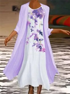 Women's Plus Size Two Piece Dress Set Casual Dress Chiffon Dress Outdoor Office Fashion Streetwear Print Midi Dress Crew Neck 3/4 Length Sleeve Floral Regular Fit Yellow Blue Sky Blue Spring Fall S M -HANA Luxury Wear Shop sphbaw1694596595332