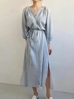 Women's Casual Dress Cotton Linen Dress Loose Dress Midi Dress Linen / Cotton Blend Fashion Daily Outdoor Daily Vacation V Neck Lace Up Button Long Sleeve Fall Autumn 2023 Loose Fit Black Blue Apricot -HANA Luxury Wear Shop sptiri1692955814024