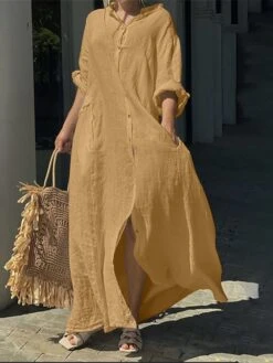 Women's Shirt Dress Casual Dress Cotton Linen Dress Maxi Long Dress Linen / Cotton Blend Basic Classic Outdoor Daily Vacation Shirt Collar Button Pocket 3/4 Length Sleeve Summer Spring Fall 2023 -HANA Luxury Wear Shop sqlnyf1692084274931