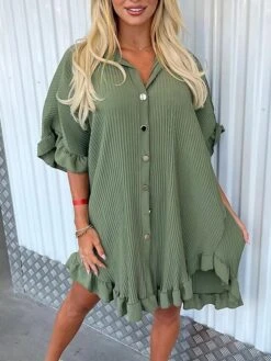 Women's Shirt Dress Casual Dress Mini Dress Outdoor Daily Vacation Polyester Fashion Modern Shirt Collar Ruffle Button Half Sleeve Summer Spring Fall 2023 Regular Fit ArmyGreen Black White Plain S M