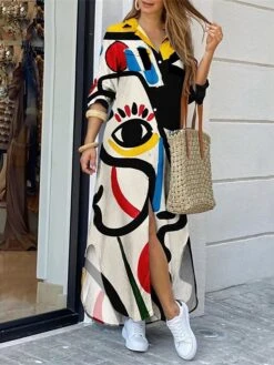 Women's Shirt Dress Casual Dress Shift Dress Maxi Long Dress Outdoor Daily Vacation Polyester Fashion Modern Shirt Collar Button Split Long Sleeve Summer Spring Fall 2023 Regular Fit White Yellow Red -HANA Luxury Wear Shop srmiww1691045293877