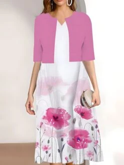 Women's Two Piece Dress Set Casual Dress Print Dress Outdoor Daily Fashion Work Print Midi Dress V Neck Half Sleeve Floral Regular Fit Pink Wine Navy Blue Summer Spring S M L XL XXL -HANA Luxury Wear Shop srstkb1689669890266