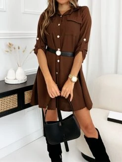 Women's Shirt Dress Casual Dress Mini Dress Outdoor Daily Vacation Cotton Fashion Modern Shirt Collar Button Pocket Long Sleeve Fall Winter 2023 Regular Fit Black Brown Green Pure Color XS S M L XL -HANA Luxury Wear Shop sshsrn1695813911325
