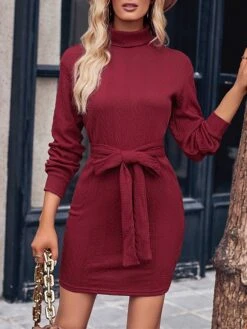 Women's Sweater Dress Jumper Dress Casual Dress Mini Dress Fashion Pure Color Outdoor Casual Daily Going Out Turtleneck Long Sleeve Lace Up 2023 Regular Fit Black Wine Khaki S M L XL -HANA Luxury Wear Shop sspxbc1692340169013