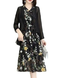 Women's Two Piece Dress Set Print Dress Outdoor Daily Modern Casual Lace Up Ruched Midi Dress V Neck Long Sleeve Floral Regular Fit Black Pink Blue Summer Spring M L XL XXL XXXL -HANA Luxury Wear Shop stivul1678430834432