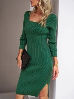 Women's Sweater Dress Jumper Dress Casual Dress Midi Dress Fashion Pure Color Outdoor Daily Vacation Going Out Crew Neck Long Sleeve Patchwork 2023 Slim Black Blue Green S M L XL -HANA Luxury Wear Shop stlkib1694426980414