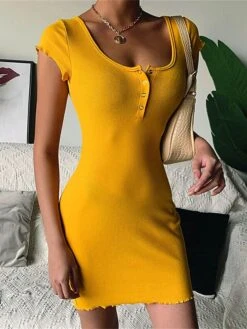 Women‘s Sweater Dress Winter Dress Bodycon Sheath Dress Mini Dress Fashion Pure Color Outdoor Casual Vacation Going Out V Neck Short Sleeve Button 2023 Slim Black Yellow Wine S M L XL 2XL 3XL -HANA Luxury Wear Shop stsrqa1679382612721