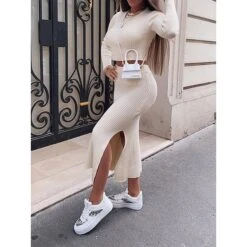 Women's Two Piece Dress Set Casual Dress Sweater Dress Outdoor Daily Fashion Streetwear Split Midi Dress Crew Neck Long Sleeve Plain Regular Fit Black White Orange Fall Winter S M L XL XXL -HANA Luxury Wear Shop stsstm1695635369216