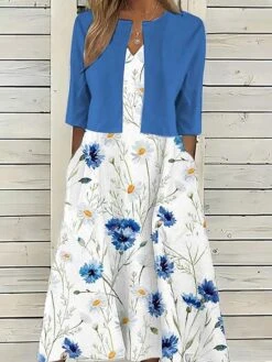 Women's Two Piece Dress Set Casual Dress Shift Dress Daily Going Out Fashion Casual Pocket Print Midi Dress V Neck 3/4 Length Sleeve Floral Loose Fit Navy Blue Royal Blue Dark Green Summer Spring S M -HANA Luxury Wear Shop suavar1687327202897