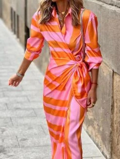 Women's Shirt Dress Bodycon Wrap Dress Maxi Long Dress Outdoor Daily Polyester Fashion Boho Shirt Collar Ruched Split Long Sleeve Summer Fall Spring 2023 Regular Fit Purple Orange Green
